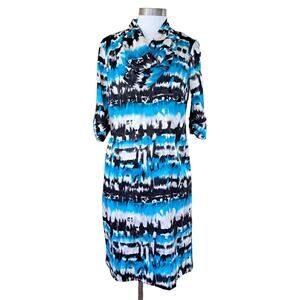 Sharon Young Vintage Shift Dress Size 8 Blue Black Cowl Neck Modest Workwear
